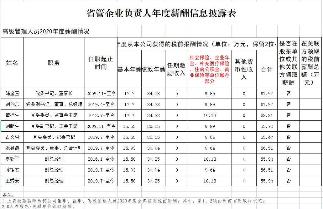 省管企业负责人年度薪酬信息披露表-中原再担保2020年