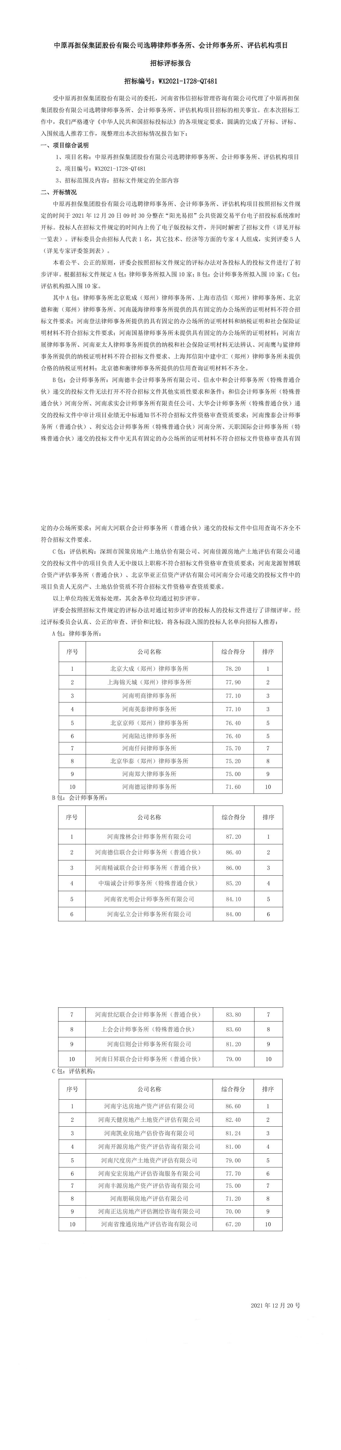 中原再担保集团股份有限公司选聘律师事务所、会计师事务所、评估机构项目招标评标报告